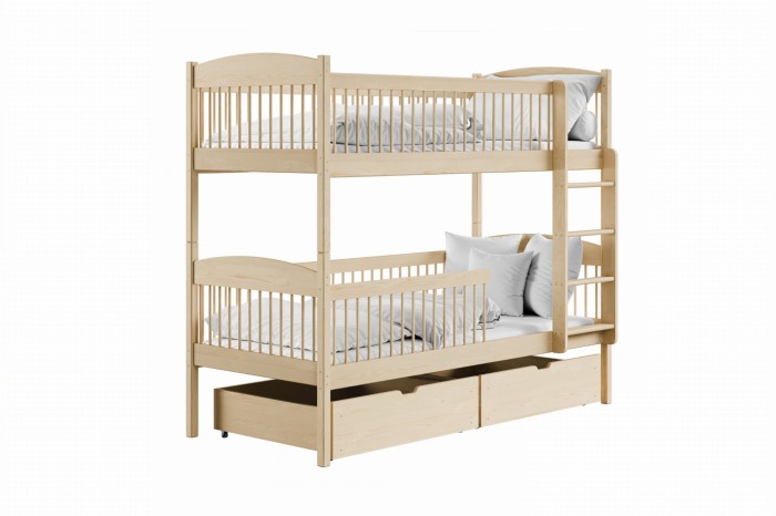 Klassiek stapelbed van licht massief hout met twee bedladen en uitvalbeveiliging.