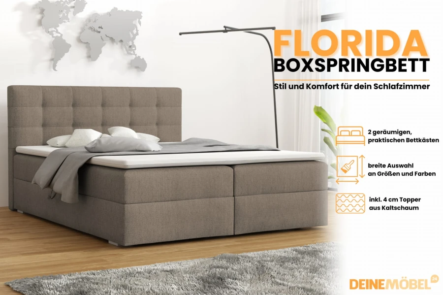 Florida Boxspringbett in Braun mit Bettkästen und Kaltschaum-Topper für das Schlafzimmer.