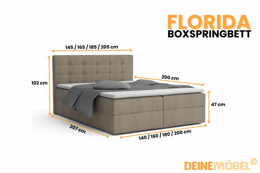 Produktauszug Florida Boxspringbett Maße: Individuelle Breiten und Höhenangaben im Überblick.