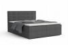 Graues Boxspringbett mit gestepptem Kopfteil und Matratze auf weißem Hintergrund.