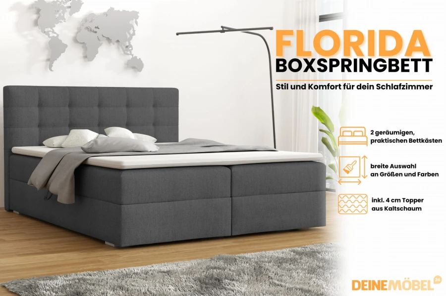 Florida Boxspringbett Produktvorteile: 2 Bettkästen und inklusiver Kaltschaum-Topper.