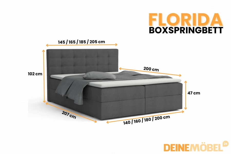 Maße und Abmessungen für das Florida Boxspringbett in verschiedenen Größen.