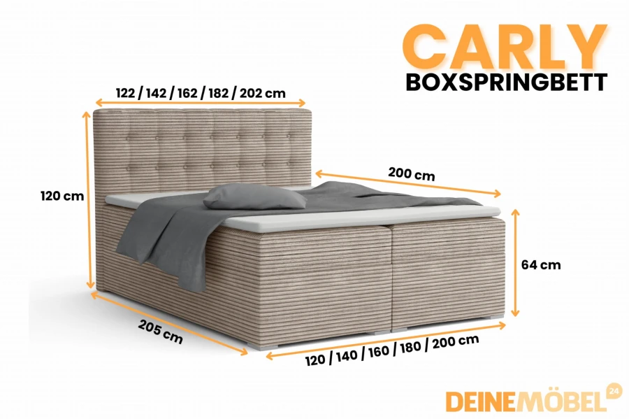 Abmessungen Carly Boxspringbett: Infografik mit verschiedenen Bettmaßen und Höhen.
