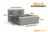 Graues Boxspringbett BELLO mit Maßangaben für verschiedene Bettbreiten und Liegeflächen.