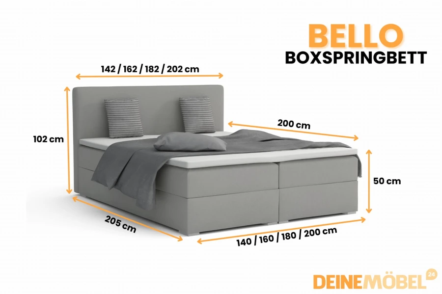 Graues Boxspringbett BELLO mit Maßangaben für verschiedene Bettbreiten und Liegeflächen.