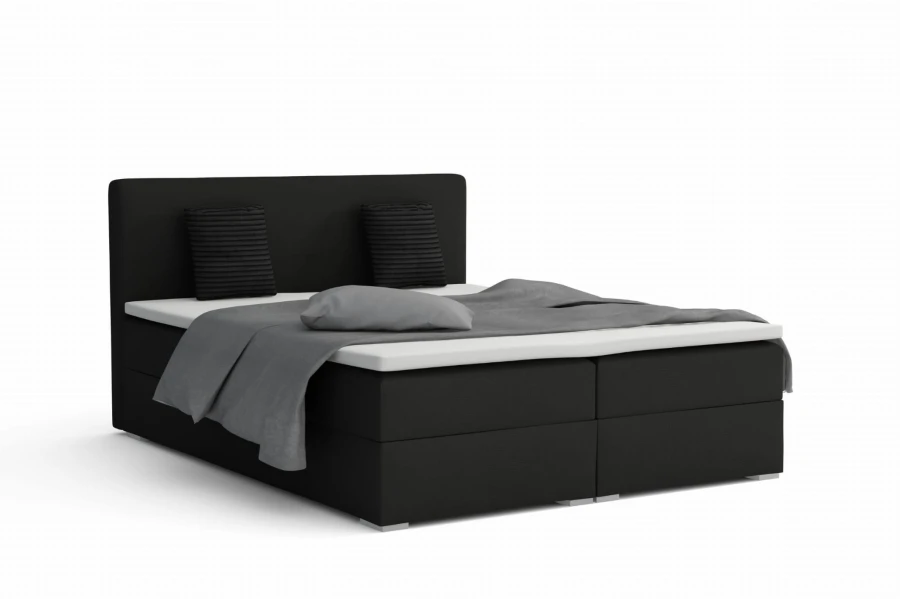 Modernes Boxspringbett in Schwarz mit grauem Bettzeug auf weißem Hintergrund.