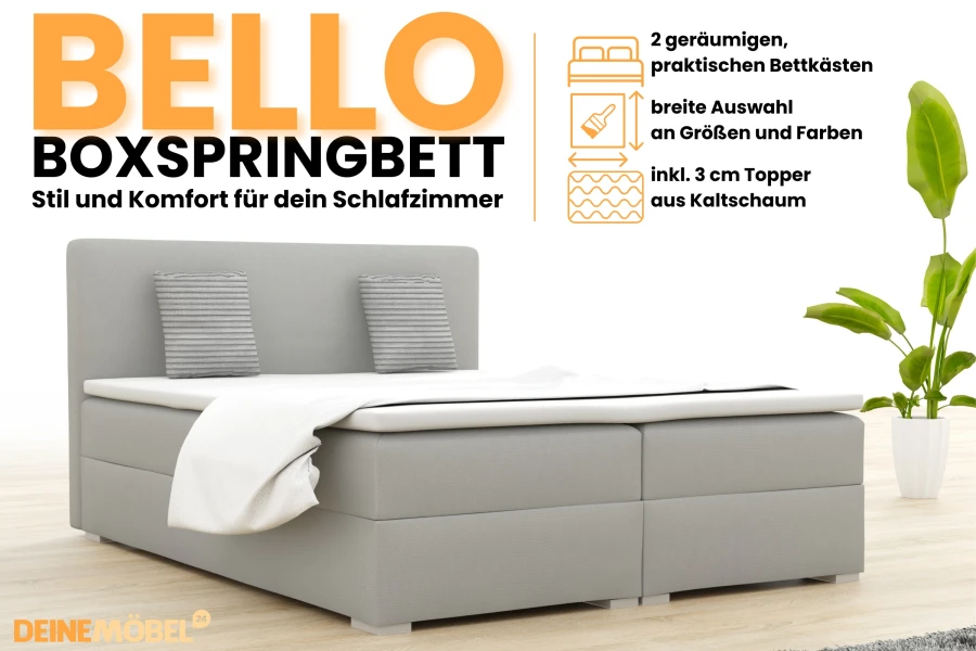 Boxspringbett Bello in Grau mit Bettkasten und Kaltschaum-Topper für Komfort im Schlafzimmer.
