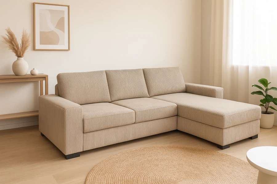 Ecksofa in Beige mit Cord-Bezug und L-Form in einem freundlich eingerichteten Wohnzimmer.