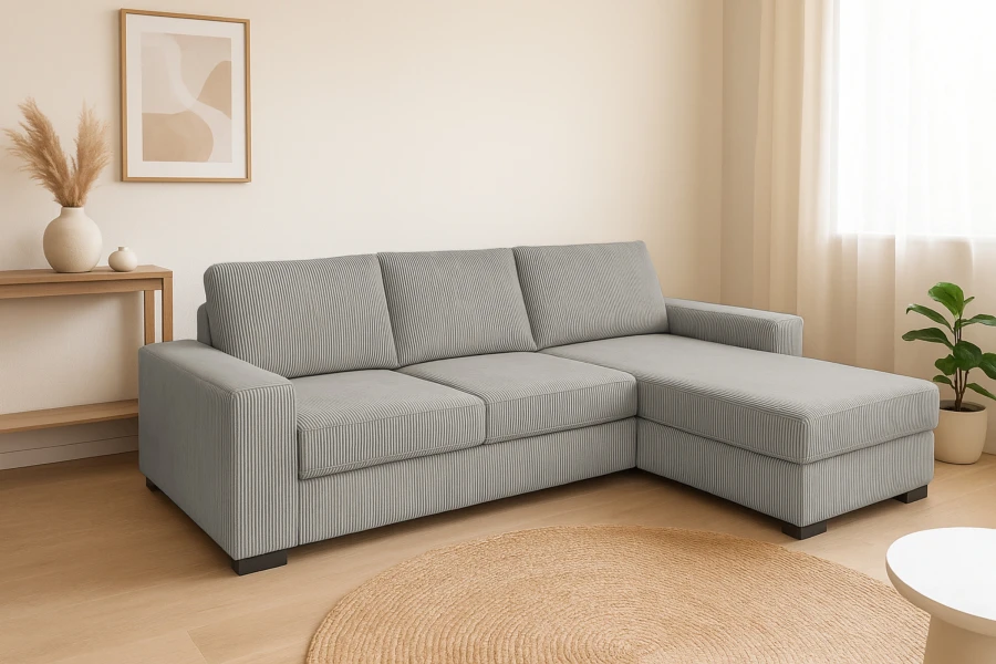 Hellgraues L-förmiges Cordsofa in einem modern eingerichteten Wohnzimmer mit hellem Holzfußboden.
