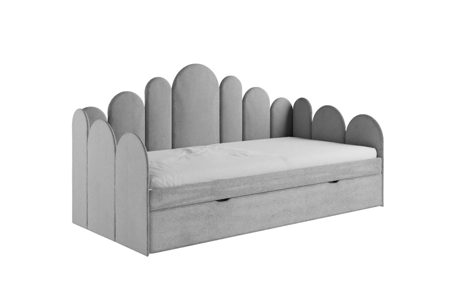 Gepolstertes graues Jugendbett mit weißer Matratze und stilvollem, bogenförmigem Design.