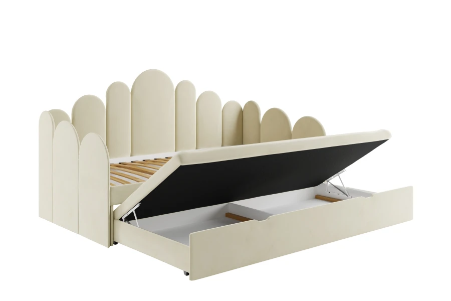Beiges Kinderbett mit praktischem Bettkasten und Stauraum für eine ordentliche Zimmer-Organisation.