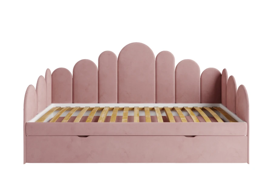 Vorderansicht rosa Polsterbett mit Lattenrost und geschwungenem Design