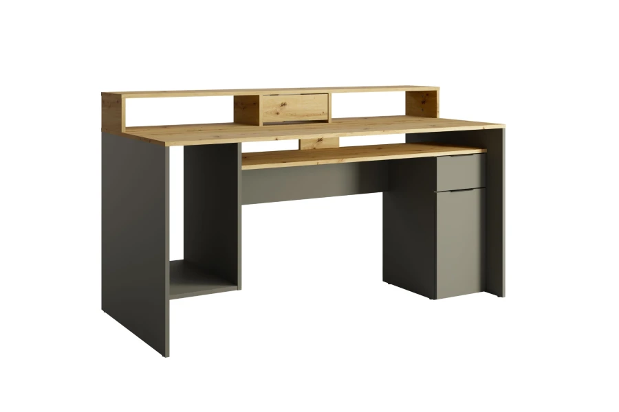 Moderner Schreibtisch in Grau und Eiche-Optik mit Monitorerhöhung und integriertem Stauraum.