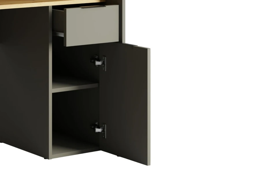 Detailansicht Schreibtisch-Unterschrank mit offener Tür und Schublade in Grau.