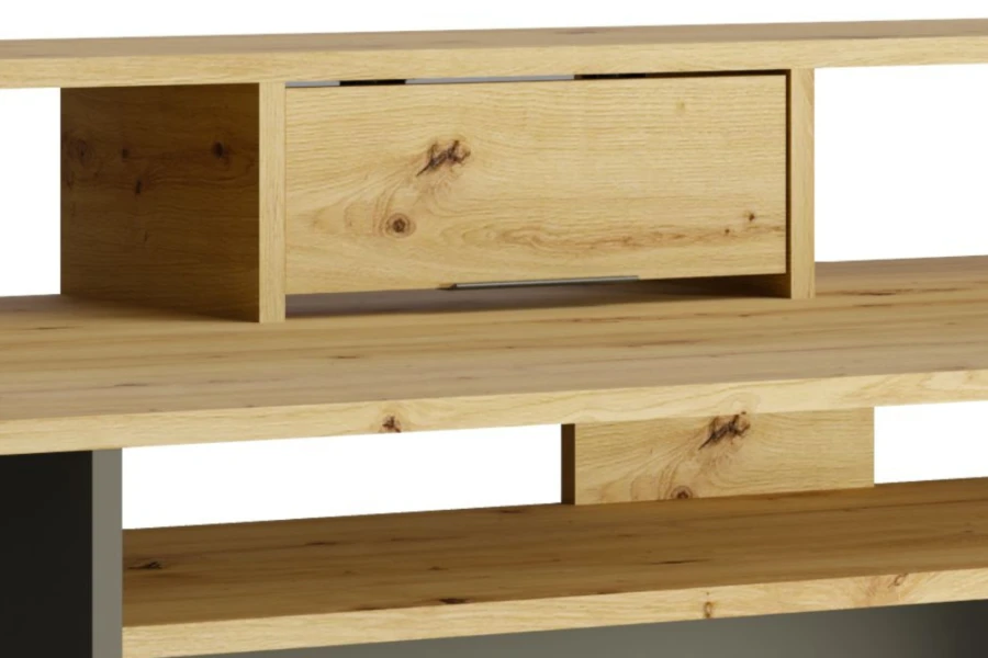 Nahaufnahme Monitorerhöhung aus Eichenholz mit praktischer Schublade.