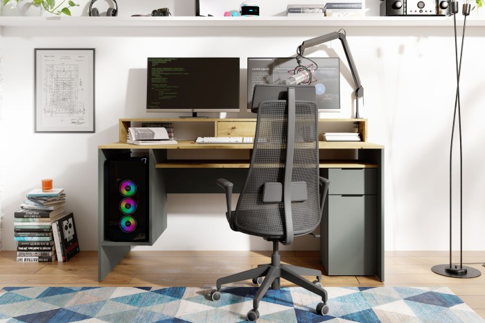 Moderner Gaming-Arbeitsplatz mit Schreibtisch, zwei Monitoren und PC im eingerichteten Zimmer.