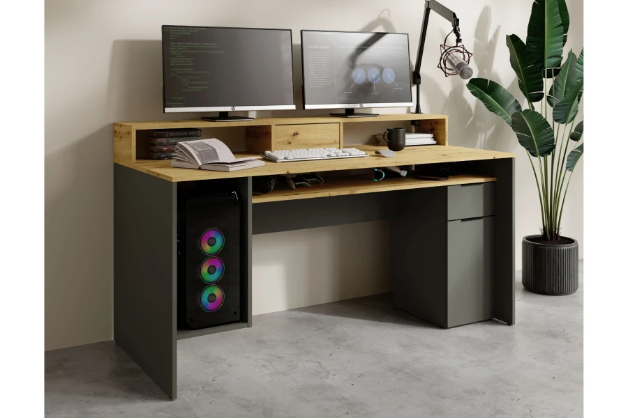 Perspektivische Ansicht des Gaming-Tisches mit PC-Halterung und Monitoraufsatz.