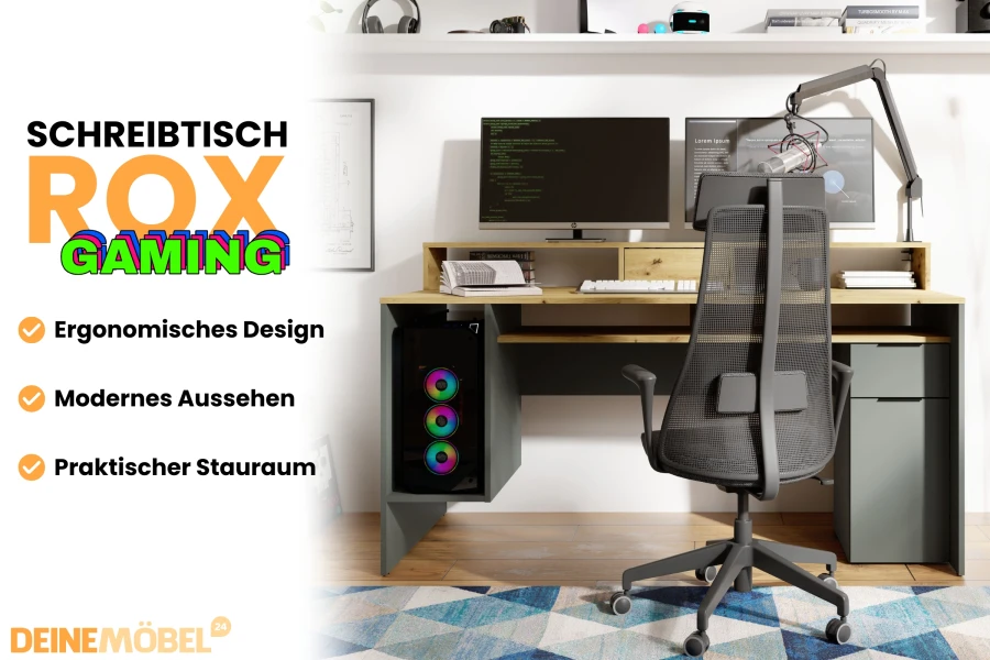 Schreibtisch ROX Gaming in Eiche und Grau mit Monitorerhöhung und ergonomischem Setup für Gamer.