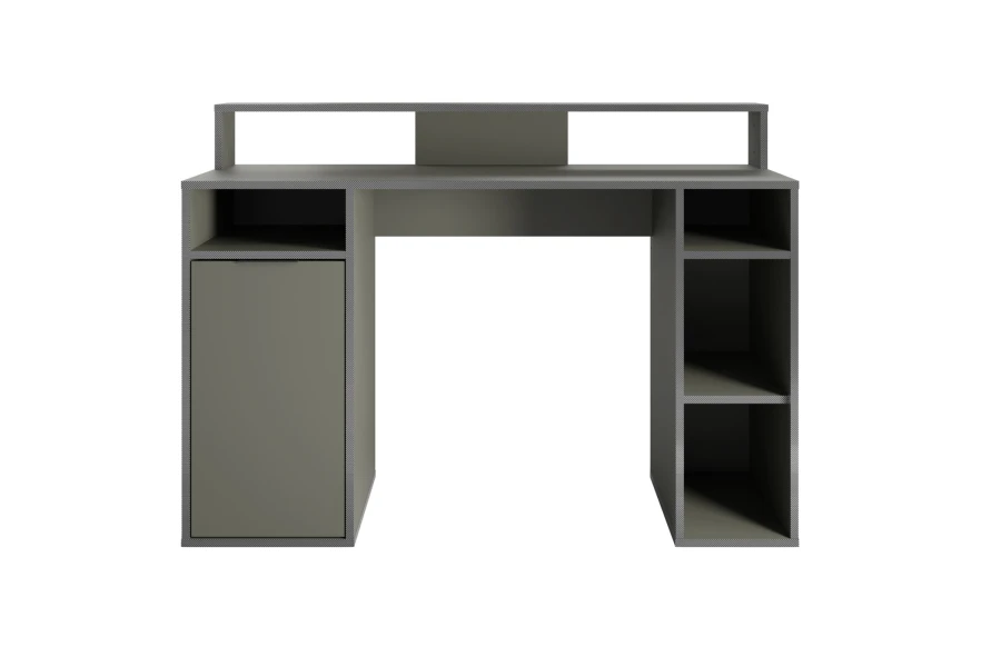 Moderner grauer Gaming-Schreibtisch Karo mit integrierter Monitorablage und vielseitigem Stauraum.
