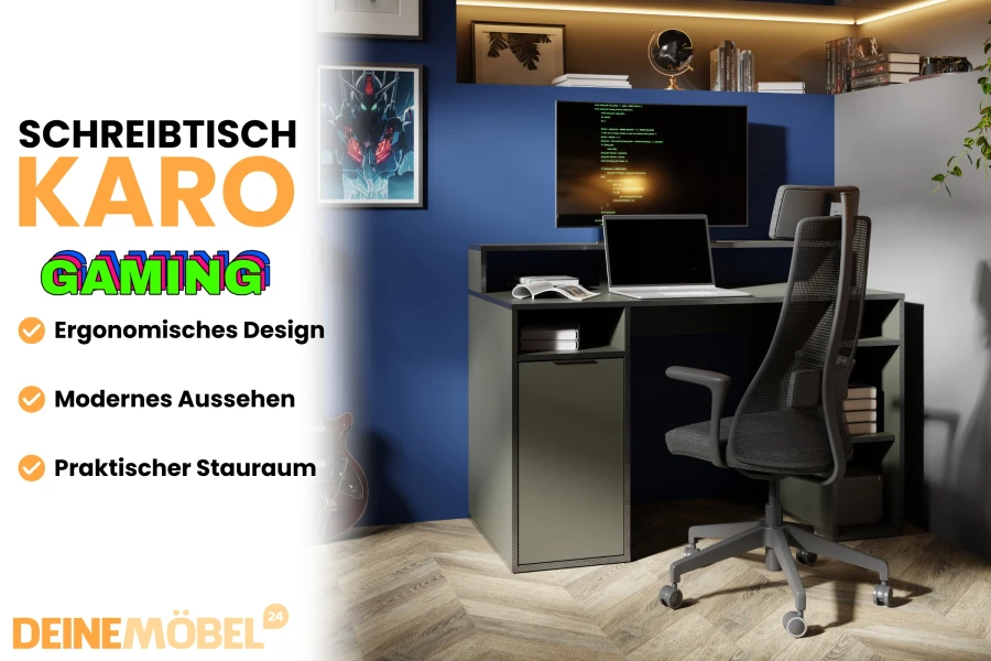 Schreibtisch KARO Gaming in Grau mit ergonomischem Design und praktischem Stauraum für Gamer.