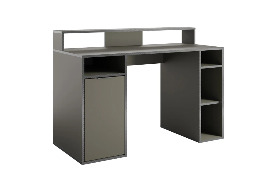 Moderner grauer Computertisch mit Monitor-Erhöhung und Regalfächern.