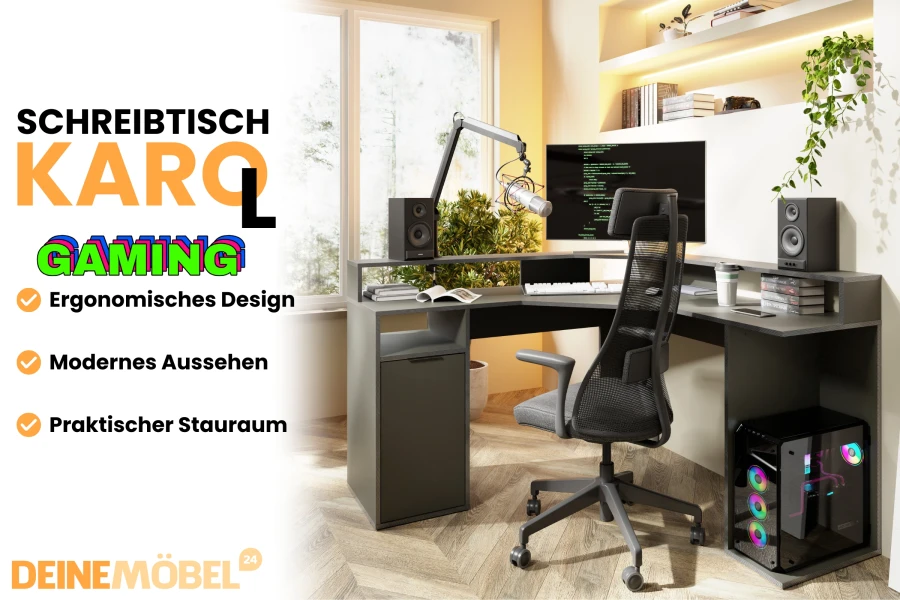 Moderner Gaming-Eckschreibtisch Karol in Grau mit ergonomischem Design für das Home Office.
