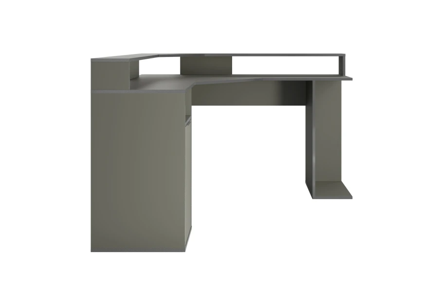 Seitenansicht des grauen Eckschreibtischs mit integrierten Ablageflächen und stabilem Design.