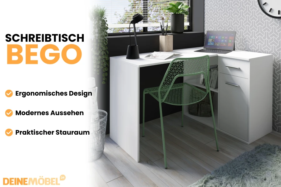 Schreibtisch BEGO in Weiß: Moderner Eckschreibtisch mit ergonomischem Design und viel Stauraum.