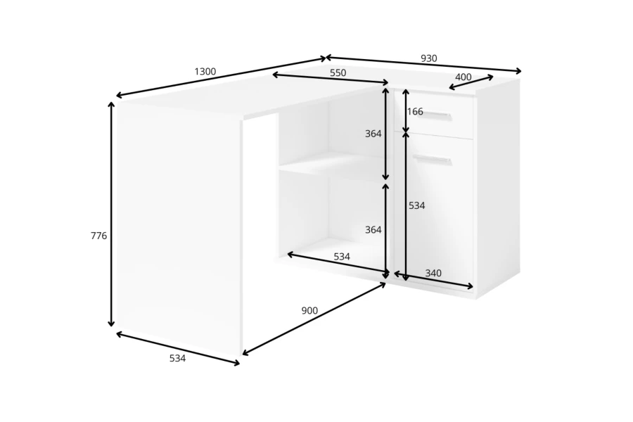 Afmetingen voor wit hoekbureau: 1300x930x776 mm met schappen en laden.