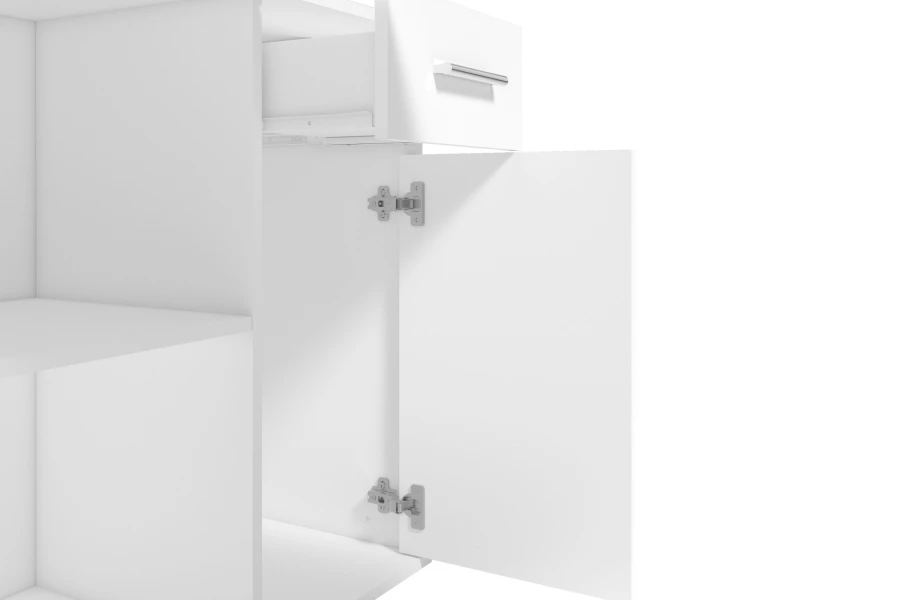 Nahaufnahme weißer Schrank mit geöffneter Schublade und Tür, Metallscharniere sichtbar.