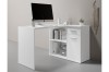 Weißer L-förmiger Schreibtisch mit integriertem Regal und Schubladen für das Büro.