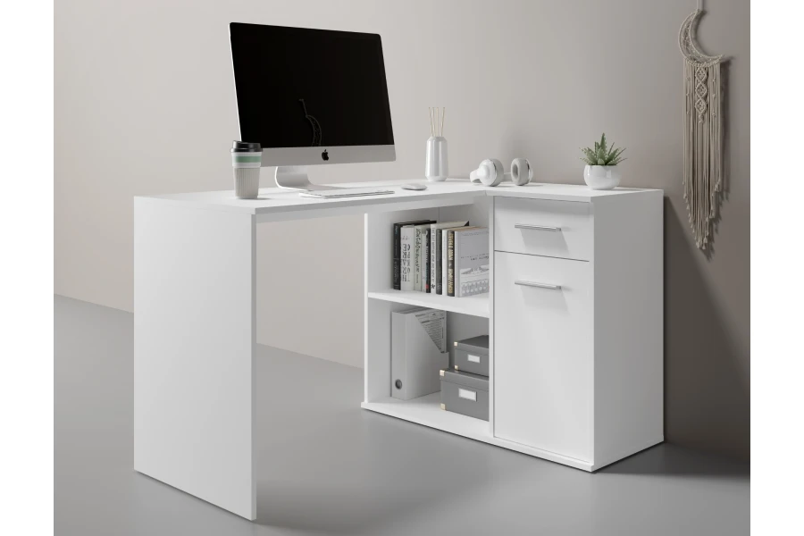 Weißer L-förmiger Schreibtisch mit integriertem Regal und Schubladen für das Büro.