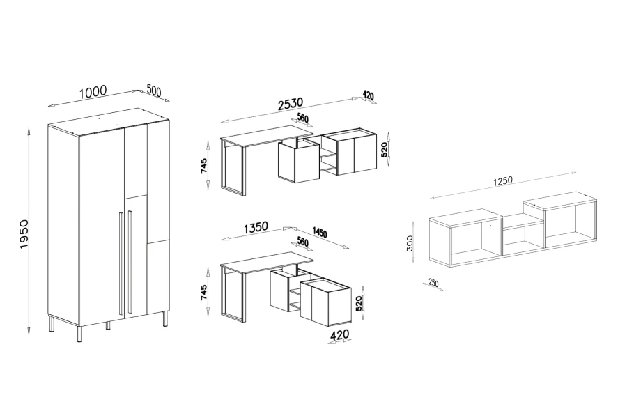 Technische Zeichnung mit Maßen für Kleiderschrank, Eckschreibtisch und Hängeregal.