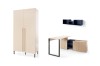 Modernes Jugendzimmer-Set in Beige und Blau mit Kleiderschrank, Schreibtisch und Wandregal.