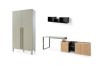 Elegantes Möbelset in Khaki und Eiche bestehend aus Schrank, Schreibtisch und Wandregal.