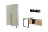 Möbel-Set in Salbeigrün und Eiche mit Kleiderschrank und funktionalem Schreibtisch.