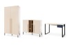 Moderne Sorento Möbel in Beige: Kleiderschrank, Sideboard und Schreibtisch mit blauem Akzent.