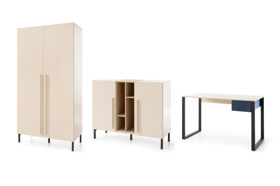 Sorento Möbel-Set in Beige: Kleiderschrank, Sideboard und Schreibtisch mit schwarzen Metallfüßen.