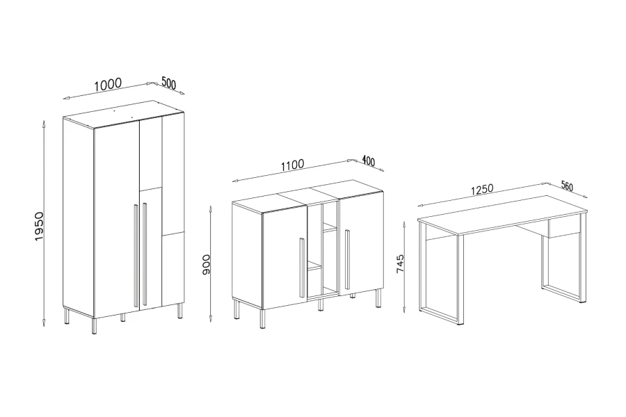Technische Maßzeichnung für Sorento Kleiderschrank, Sideboard und Schreibtisch mit Abmessungen in mm.