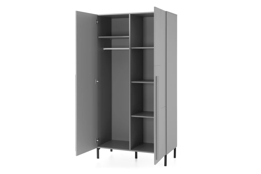 Geöffneter Kleiderschrank mit praktischer Inneneinteilung: Kleiderstange und Regalfächer.