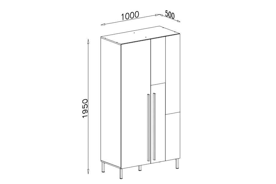 Maßzeichnung eines Kleiderschranks mit Abmessungen 1000x500x1950 mm für die Inneneinrichtung.