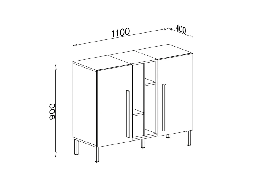 Technische Skizze eines Sideboards mit den Maßen 1100x400x900 mm zur Ansicht der Proportionen.