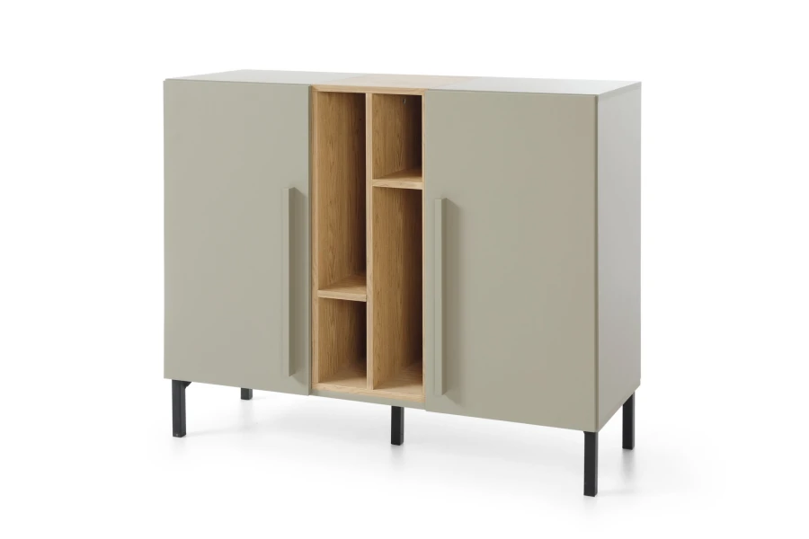 Modernes Sideboard in Graugrün mit Eichenregal und schwarzen Metallfüßen