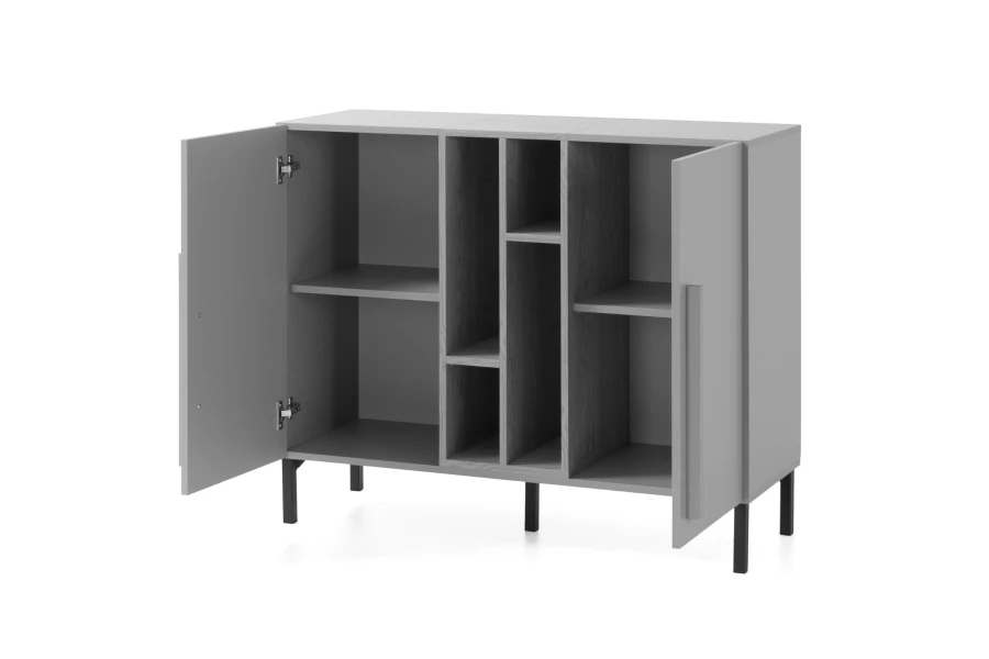 Graues Sideboard mit geöffneten Türen und Einlegeböden auf Metallfüßen