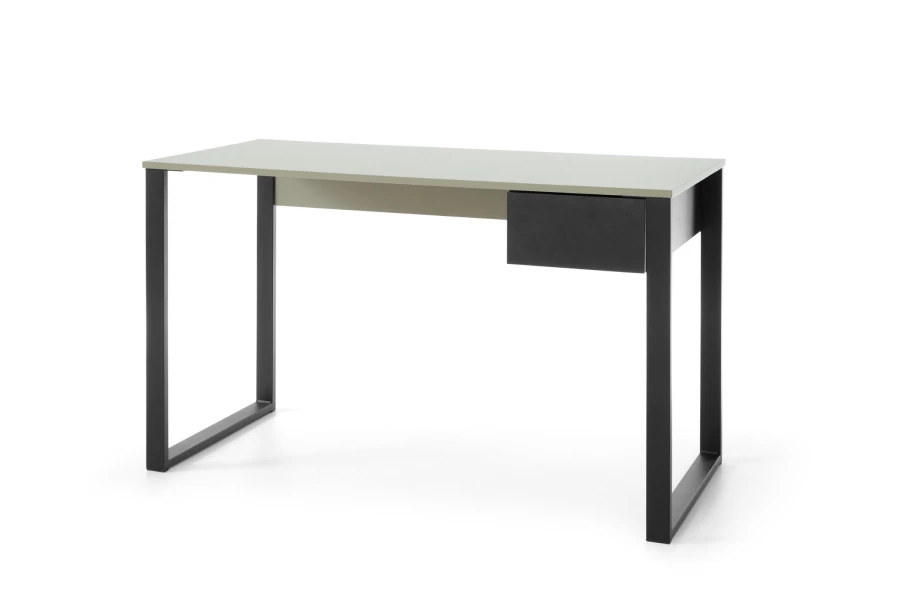 Minimalistischer Schreibtisch in Grau und Schwarz mit praktischer Schublade.
