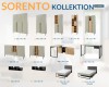 Sorento Möbelserie Übersicht: Verschiedene Schränke, Tische und Betten in modernen Farbtönen.