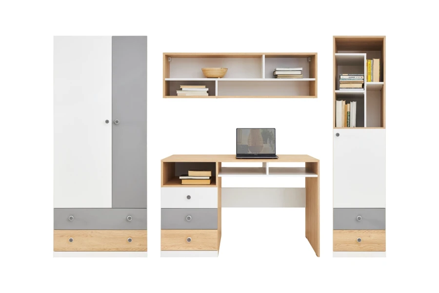 Modernes Jugendzimmer Möbel-Set in Weiß, Grau und Eiche mit Schreibtisch und Schrank.