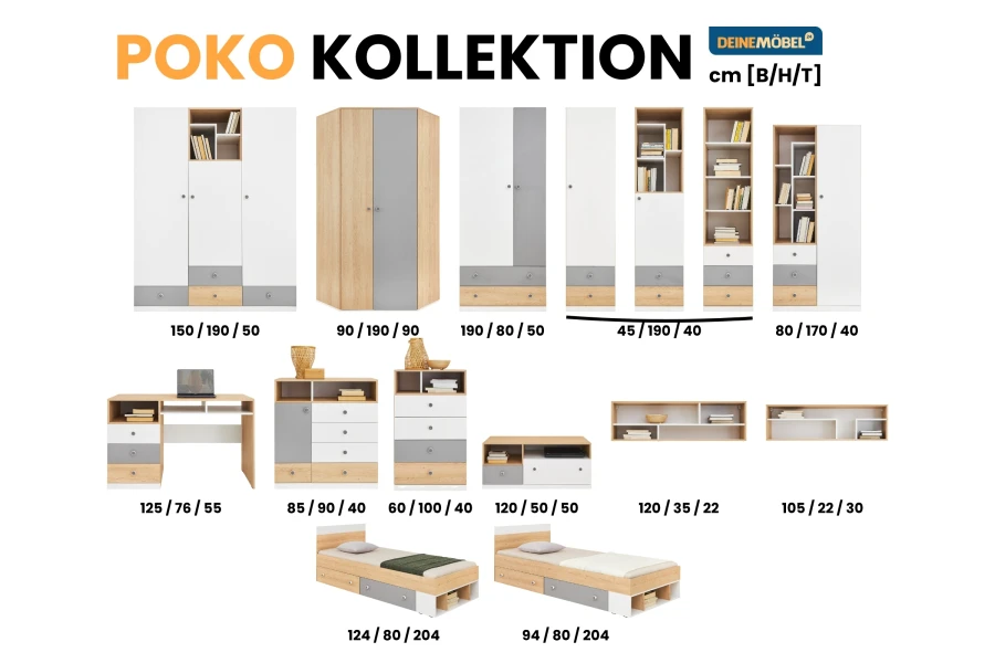 Übersicht der Poko Möbelkollektion für Kinder- und Jugendzimmer mit Maßen.