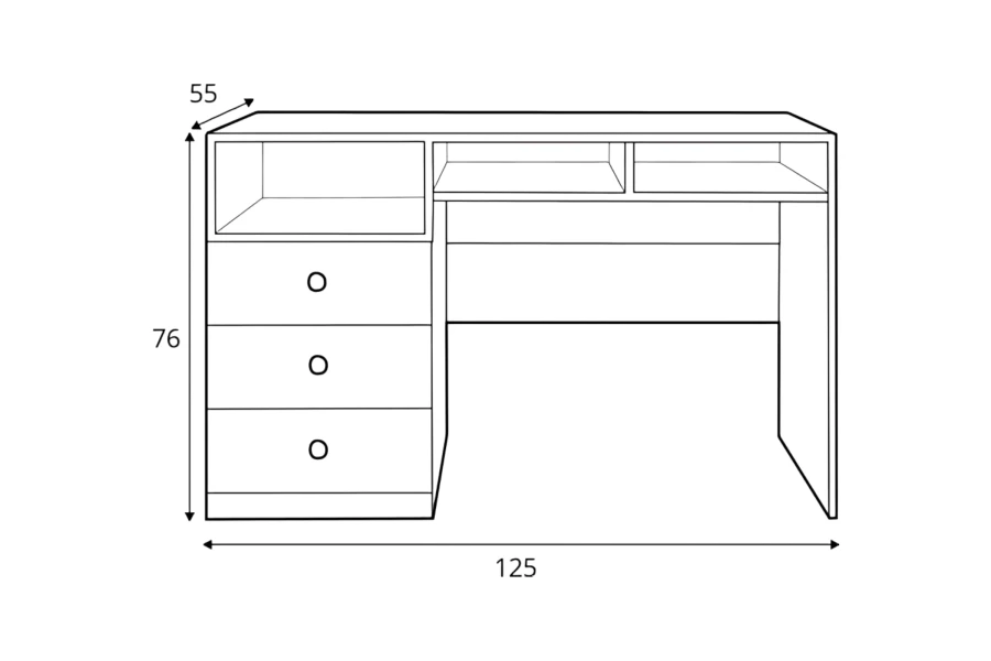 Technische Zeichnung Schreibtisch mit Maßen 125x76x55 cm, Schubladen und offenen Fächern.