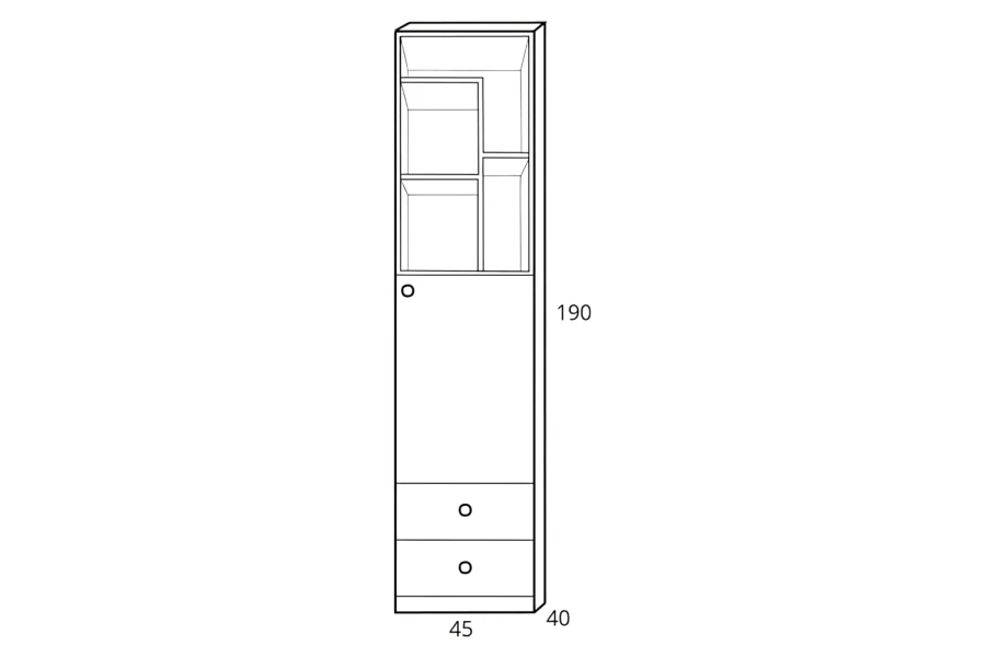 Maßskizze schmaler Hochschrank 190x45x40 cm mit Regalfächern, Tür und zwei Schubladen.